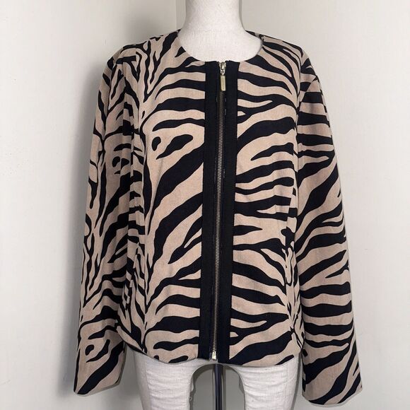 CHICOS Jacket Size 2 Black Brown Zebra Stripe Animal Print Zip Front Long Sleeve - Picture 1 of 9